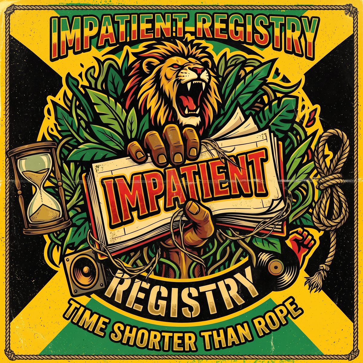 Time Shorter Than Rope cover: a roaring lion over a hand gripping a ledger marked IMPATIENT, hourglass and rope on the Jamaican flag